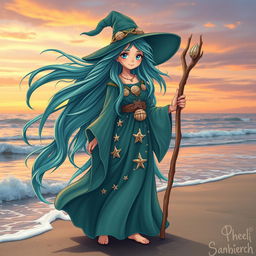 A mystical girl witch standing on a beach, her long hair flowing like waves of the sea, shimmering in shades of teal, aquamarine, and seafoam green