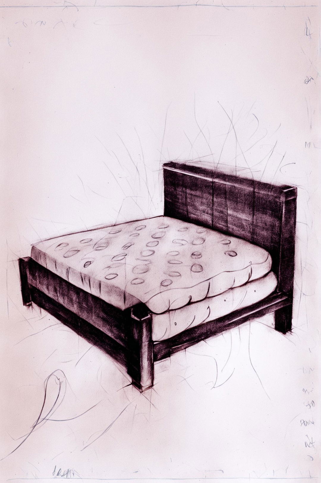 A high-quality chalk drawing of a simple bed