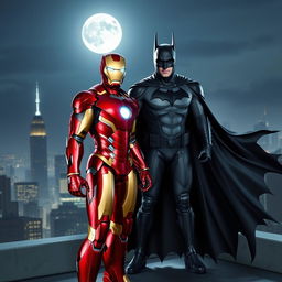 A dynamic and dramatic crossover scene featuring Iron Man and Batman standing together on a rooftop at night, with the city skyline lit up in the background
