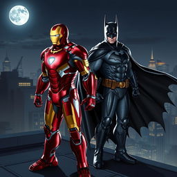 A dynamic and dramatic crossover scene featuring Iron Man and Batman standing together on a rooftop at night, with the city skyline lit up in the background