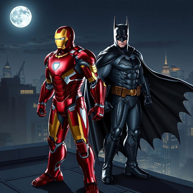 A dynamic and dramatic crossover scene featuring Iron Man and Batman standing together on a rooftop at night, with the city skyline lit up in the background