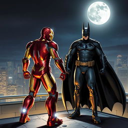 A dynamic and dramatic crossover scene featuring Iron Man and Batman standing together on a rooftop at night, with the city skyline lit up in the background