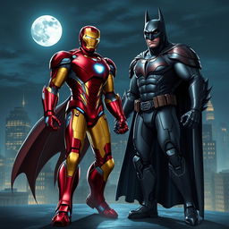 A dynamic and dramatic crossover scene featuring Iron Man and Batman standing together on a rooftop at night, with the city skyline lit up in the background