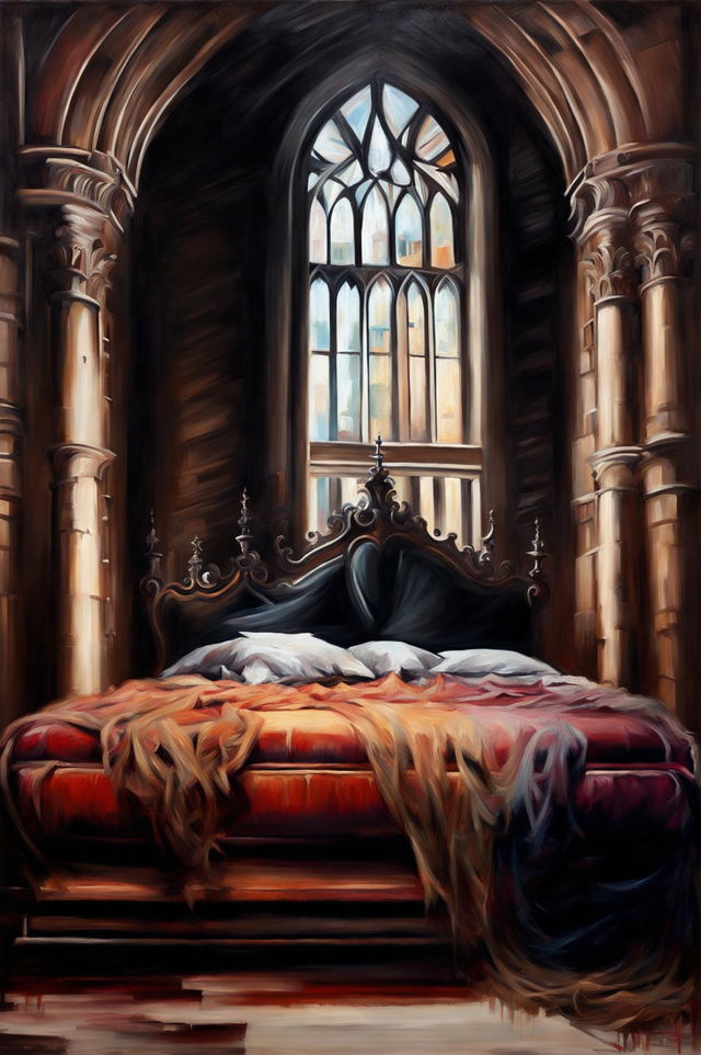 A high-quality oil painting of a luxurious bed inside a Gothic castle