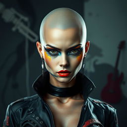 A striking female character with a bold bald head, confident expression, and an intense gaze