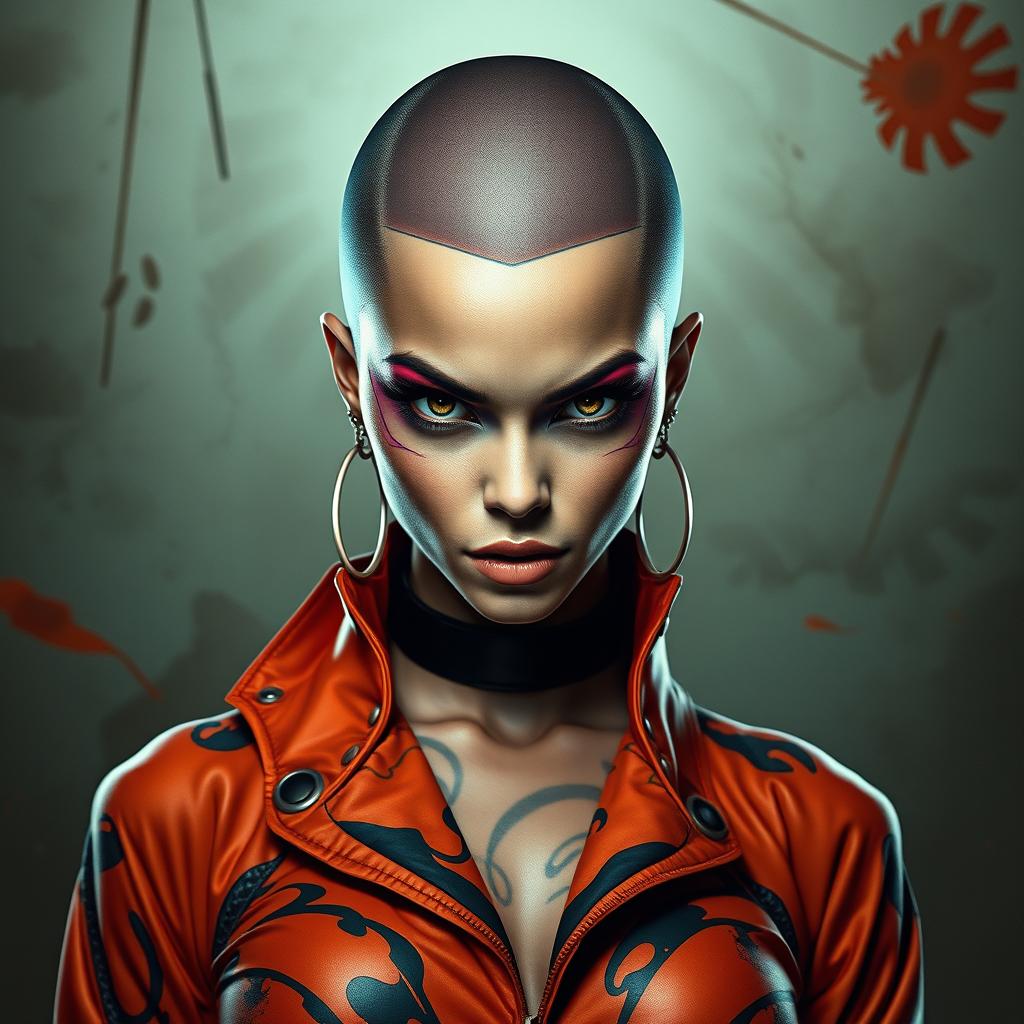 A striking female character with a bold bald head, confident expression, and an intense gaze