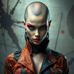 A striking female character with a bold bald head, confident expression, and an intense gaze