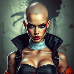 A striking female character with a bold bald head, confident expression, and an intense gaze