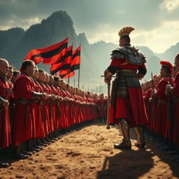 A strong army of powerful men dressed in striking red and black clothing, standing in a disciplined formation and bowing reverently before a powerful man