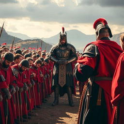A strong army of powerful men dressed in striking red and black clothing, standing in a disciplined formation and bowing reverently before a powerful man