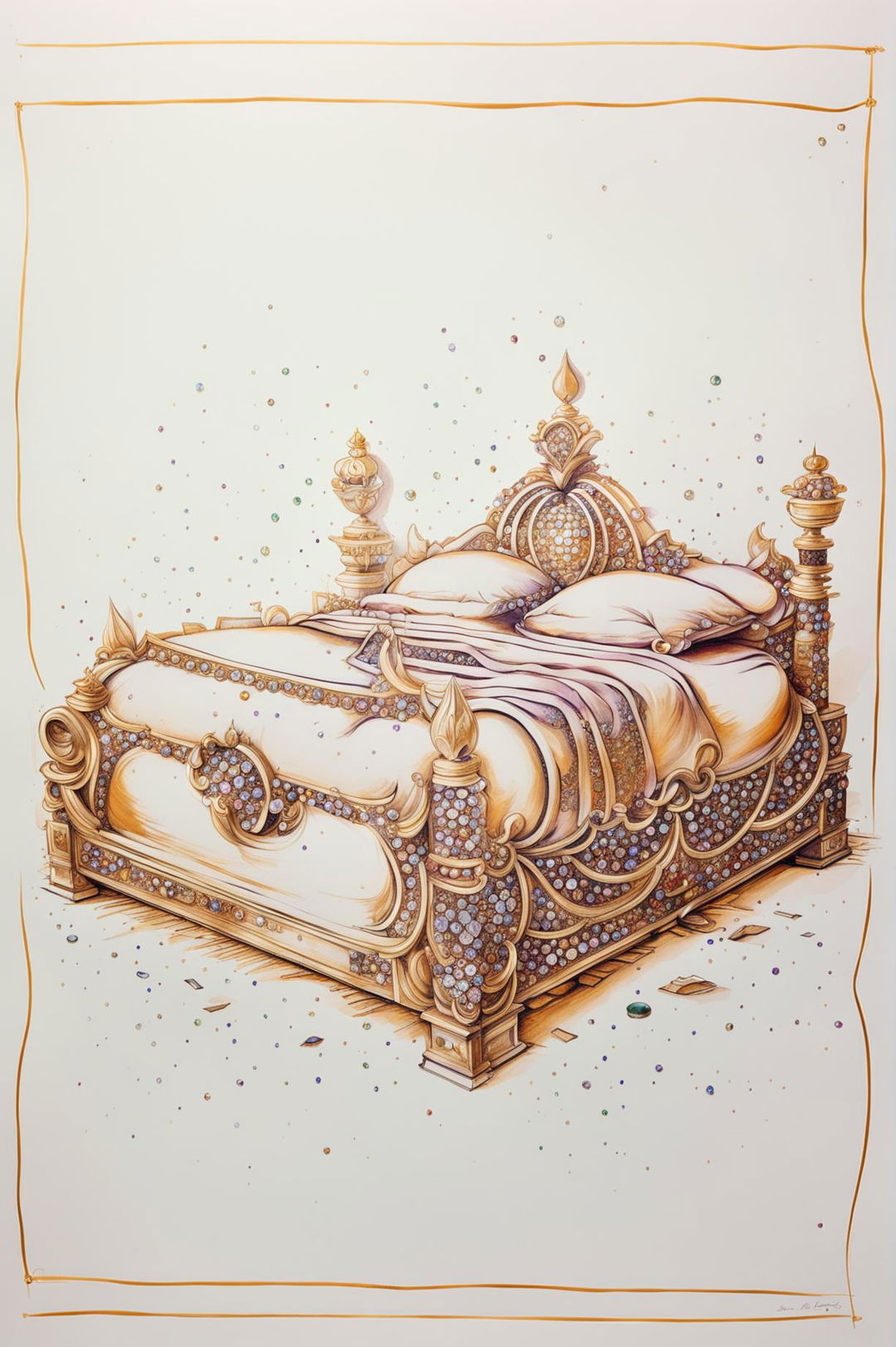 A high-quality sharpie drawing of a golden bed encrusted with precious stones