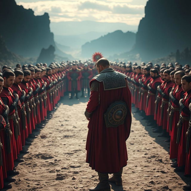 A strong army of powerful men dressed in striking red and black clothing, standing in a disciplined formation and bowing reverently before a powerful man