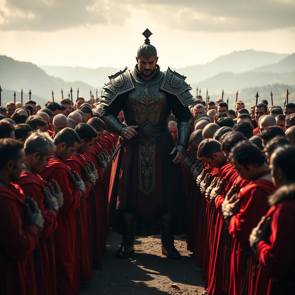A strong army of powerful men dressed in striking red and black clothing, standing in a disciplined formation and bowing reverently before a powerful man