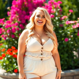 A voluptuous blonde woman with curvy features and bright, charismatic personality, wearing a stylish summer outfit