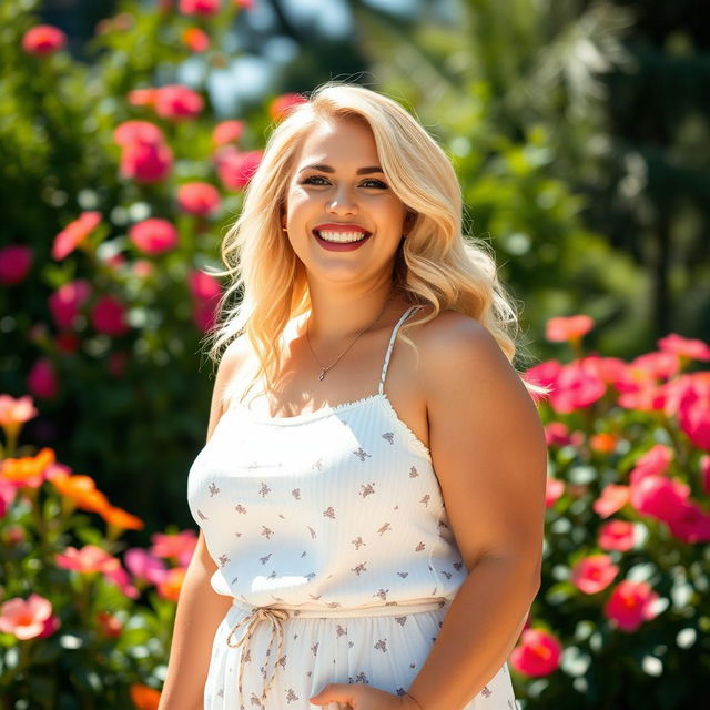 A voluptuous blonde woman with curvy features and bright, charismatic personality, wearing a stylish summer outfit