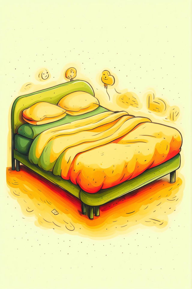 A high-quality, playful drawing of a cute, green and yellow bed