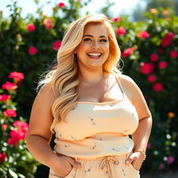 A voluptuous blonde woman with curvy features and bright, charismatic personality, wearing a stylish summer outfit
