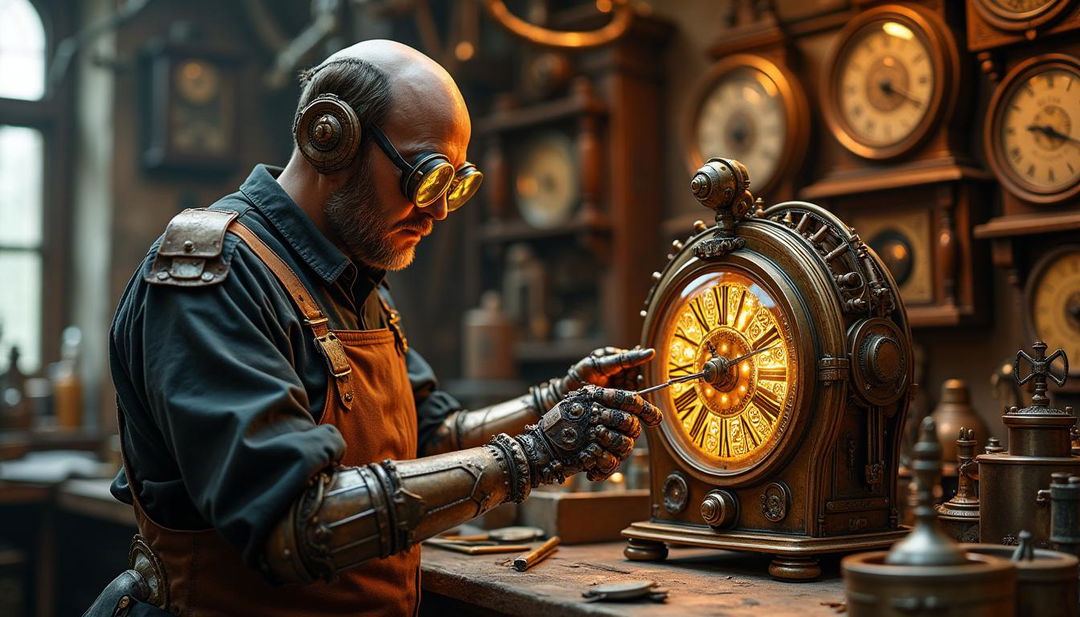 A steampunk robot assisting a skilled clockmaker in his intricate workshop