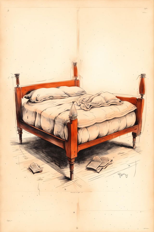 A high-quality, vintage realism style drawing of a cute bed