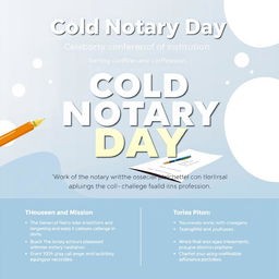 A vibrant conference poster design focused on the theme of "Cold Notary Day", celebrating the notarial institution and addressing the challenges faced in this profession