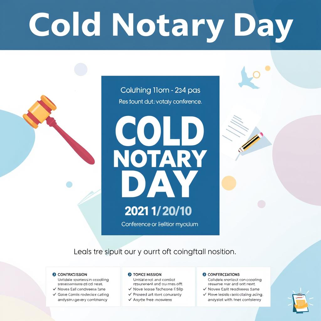 A vibrant conference poster design focused on the theme of "Cold Notary Day", celebrating the notarial institution and addressing the challenges faced in this profession