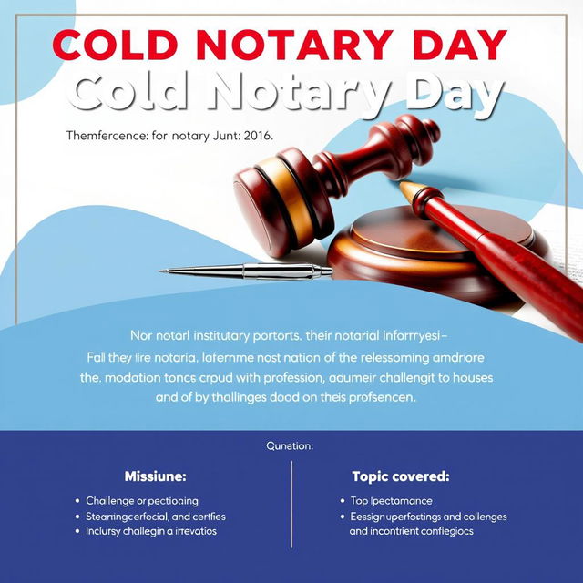 A vibrant conference poster design focused on the theme of "Cold Notary Day", celebrating the notarial institution and addressing the challenges faced in this profession