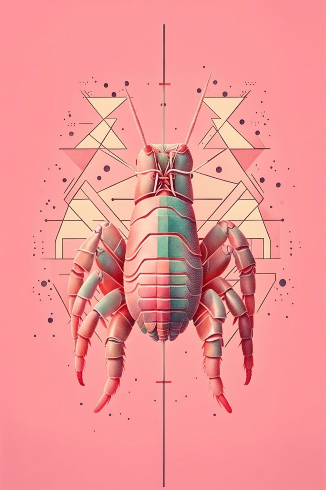 A high-resolution digital art piece inspired by Wes Anderson's aesthetic, featuring a meticulously detailed shrimp in soft, pastel hues against a geometric patterned background