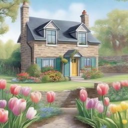 This is a whimsical, high-quality illustration of Emily's parents' home, a charming two-storey stone cottage, nestled on the edge of a small fishing village