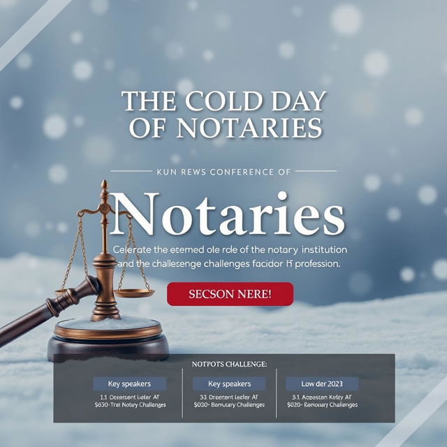 A visually striking conference poster design focusing on the theme of 'The Cold Day of Notaries', celebrating the esteemed role of the notary institution and addressing the challenges faced in this profession