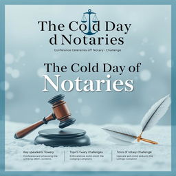 A visually striking conference poster design focusing on the theme of 'The Cold Day of Notaries', celebrating the esteemed role of the notary institution and addressing the challenges faced in this profession