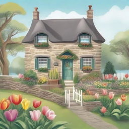 This is a whimsical, high-quality illustration of Emily's parents' home, a charming two-storey stone cottage, nestled on the edge of a small fishing village