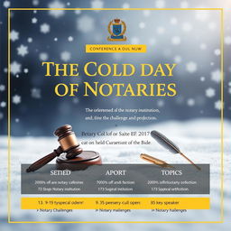 A visually striking conference poster design focusing on the theme of 'The Cold Day of Notaries', celebrating the esteemed role of the notary institution and addressing the challenges faced in this profession