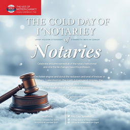 A visually striking conference poster design focusing on the theme of 'The Cold Day of Notaries', celebrating the esteemed role of the notary institution and addressing the challenges faced in this profession