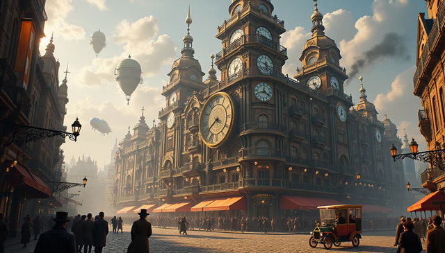 A captivating steampunk cityscape featuring a monumental building adorned with an impressive array of clocks and intricate gears