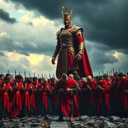 A powerful scene depicting a vast army of men dressed in striking red and black robes, standing in a strong formation