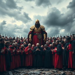 A powerful scene depicting a vast army of men dressed in striking red and black robes, standing in a strong formation