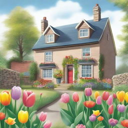 This is a whimsical, high-quality illustration of Emily's parents' home, a charming two-storey stone cottage, nestled on the edge of a small fishing village