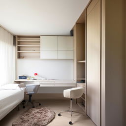 A harmonious room layout featuring a restful bed, a spacious cupboard for storage, and a functional study table under natural lighting.