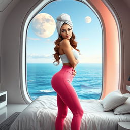 A full-body image of a stunning 50-year-old woman with Arab features, characterized by her long wavy brown hair and striking cyan eyes