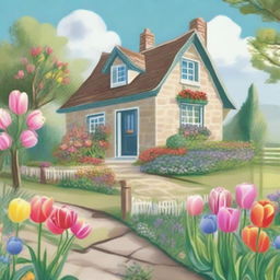 This is a whimsical, high-quality illustration of Emily's parents' home, a charming two-storey stone cottage, nestled on the edge of a small fishing village