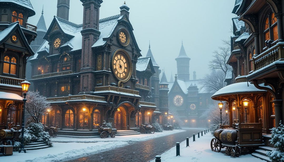 A mesmerizing steampunk cityscape blanketed in snow, showcasing a magnificent building filled with intricate clocks and gears