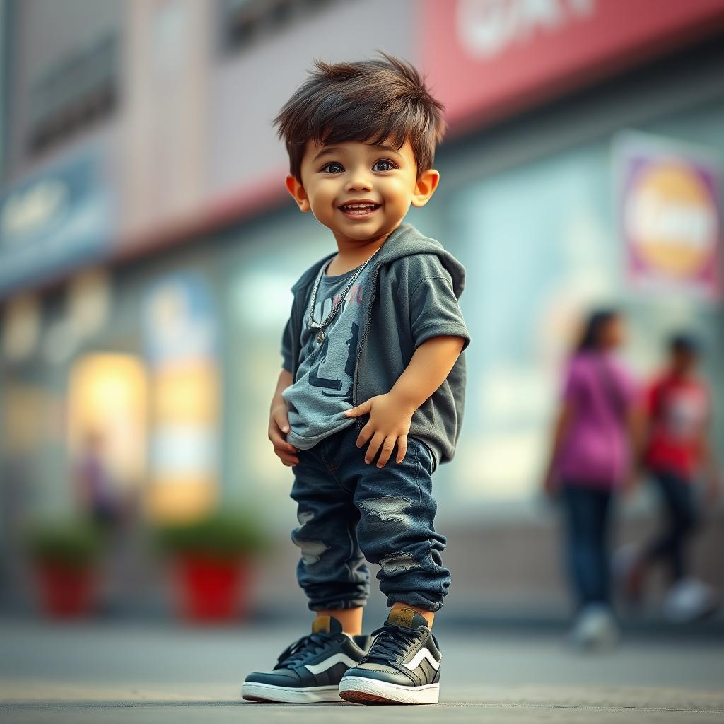 A young boy with a slim face and no glare, wearing stylish sneakers, standing confidently