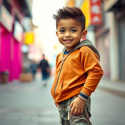 A young boy with a slim face and no glare, wearing stylish sneakers, standing confidently