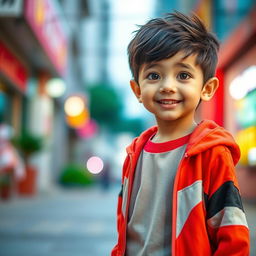 A young boy with a slim face and no glare, wearing stylish sneakers, standing confidently