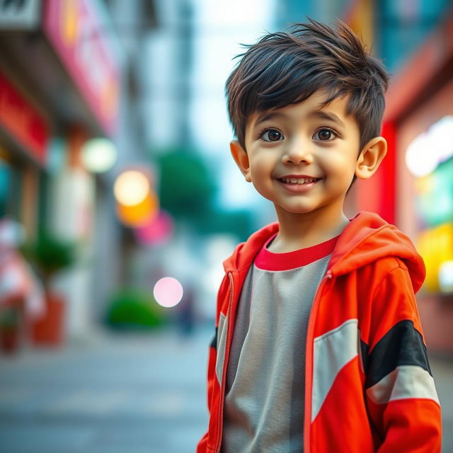 A young boy with a slim face and no glare, wearing stylish sneakers, standing confidently