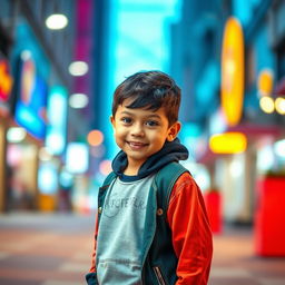 A young boy with a slim face and no glare, wearing stylish sneakers, standing confidently