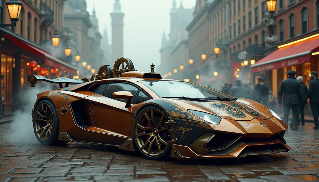 A stunning steampunk-inspired Lamborghini, reimagined with intricate mechanical details and vintage aesthetics