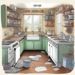 This is a whimsical, high-quality illustration of Emily's English cottage-style kitchen, overwhelmed with stacks of dirty dishes, glasses, pots, and pans that haven't been washed for weeks