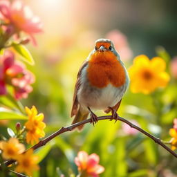 A vibrant robin perched on a branch, surrounded by colorful spring flowers