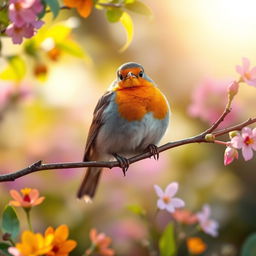 A vibrant robin perched on a branch, surrounded by colorful spring flowers